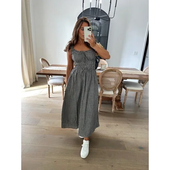 Storia Gingham Midi Dress Size Medium Black White Elastic Tie Waist - Picture 3 of 9